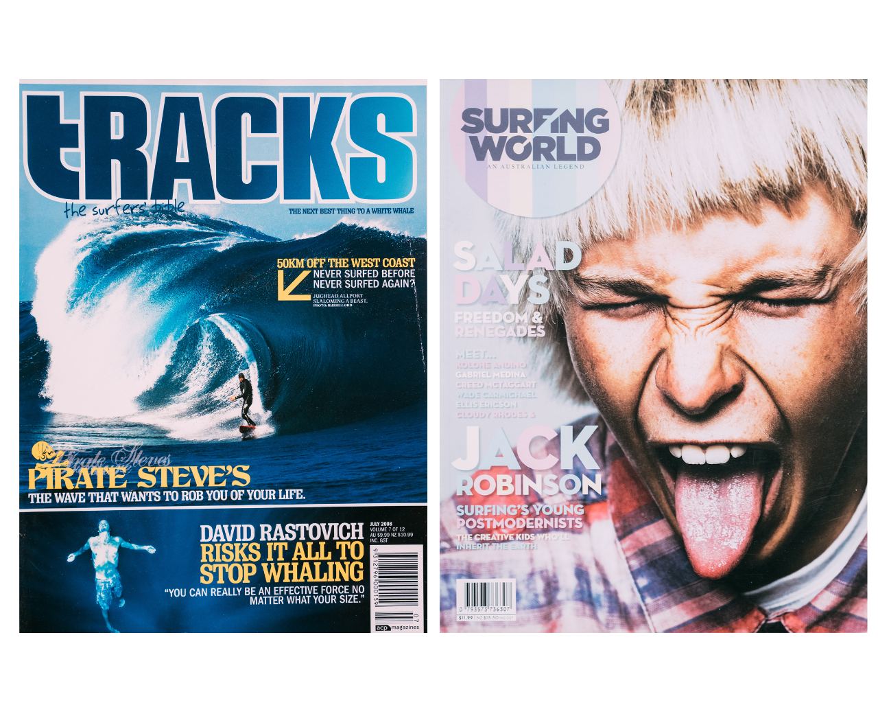 Two magazine covers side by side, one titled 'Tracks' with a surfer and the other titled 'Surfing World' with a person with blonde hair and a checkered shirt.